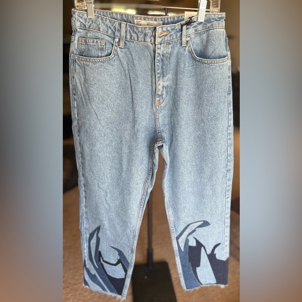 Topshop Blue Straight Leg Jeans with Black & Blue Pattern - Picture 2 of 5
